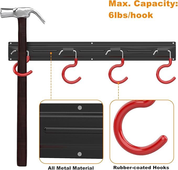 WALMANN All Metal 64 Inch Wall Mount Garden Tool Organizer for Garage, Mop and Broom Holder, Yard Tool Storage Rack for Rake, Shovel, Spade, Mop, Broom(4 Rails, 16 Hooks)