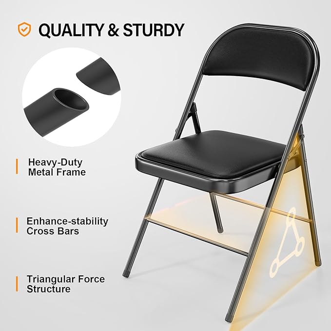 VINGLI 10 Pack Folding Chairs with Padded Seats, Metal Frame with Pu Leather Seat & Back, Capacity 350 lbs, Black