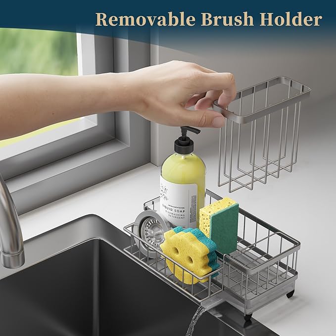 Consuemst Sponge Holder for Kitchen Sink - Auto Draining Sink Caddy Organizer with Detachable Rack, High Brush Holder, Kitchen Countertop Storage Accessories, Silver