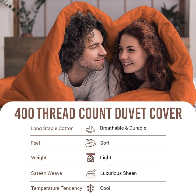 Pizuna Pure 100% Cotton Queen Duvet Cover Set, Luxurious 400 Thread Count Long Staple Cotton Sateen Weave with Button Closure (Combed Burnt Orange Cotton Duvet Cover Queen)