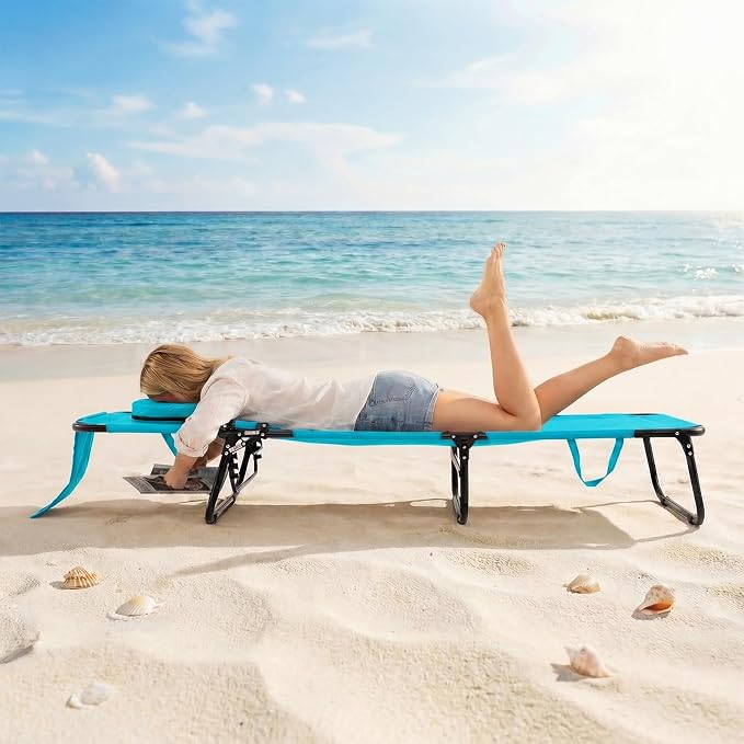 GYMAX Tanning Chair, 330lbs Beach Lounge Chair with Face Hole, Washable Pillow & Carry Strap, Adjustable Folding Chaise Lounge, Layout Lounger for Outside, Patio, Poolside, Lawn (2, Arctic)