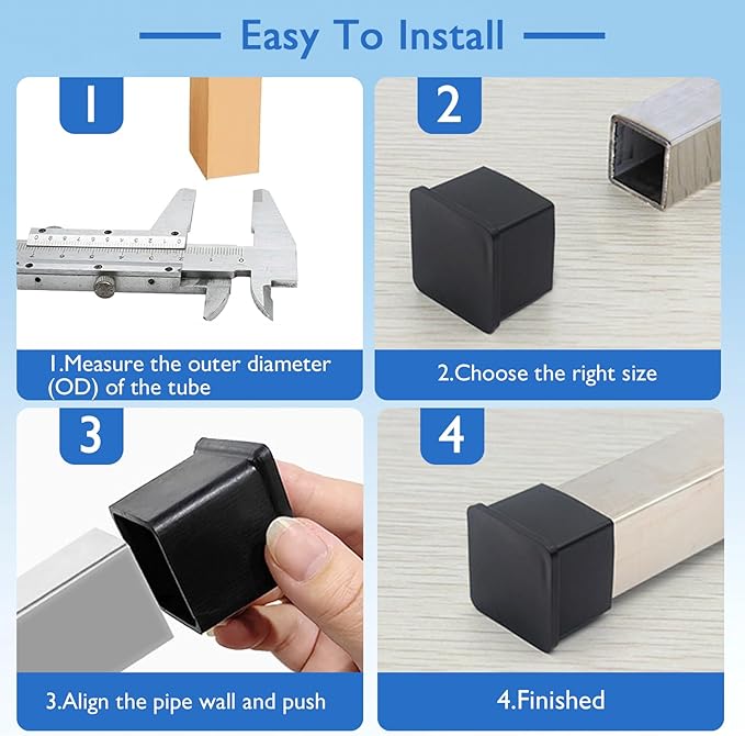 16 Pcs 1-1/4" x 1-1/4" Square Rubber Chair Leg Caps, PVC Table Leg Covers, Flexible & Anti-Slip Furniture Leg End Caps, Chair Leg Floor Protectors for Bar Stool Leg Patio Indoor, Black