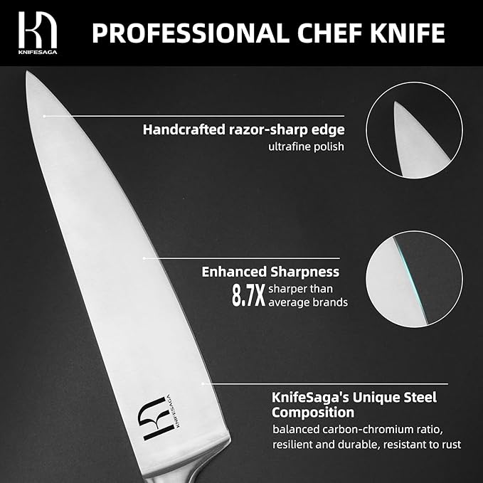 Japanese Chef Knife 8 Inch Professional for Kitchen, High Carbon Stainless Steel Chopping Knife for Vegetable, Razor Sharp Cooking Knife for Meat Cutting with Full-tang Handle