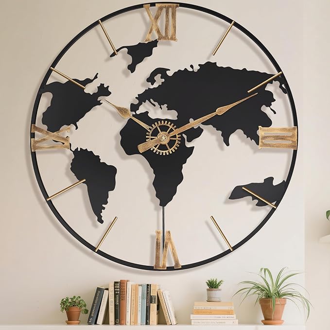Pytha Sight 24 Inch Large Wall Clock, Modern Decorative Big World Map