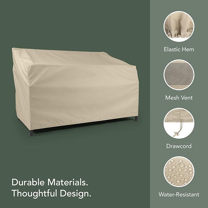 Covermates Elite Outdoor Patio Sofa Cover – Water-Resistant 300D Polyester, Double-Stitched Seams, Elastic Hem, Auto-Locking Drawcord & Mesh Vent for Moderate Weather, 64W x 34D x 30H, Khaki