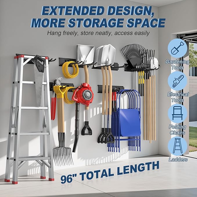 Housolution Heavy Duty Garage Wall Organizer 96 Inch - 20Pack Carries 720 lbs, Garage Tool Storage System, 6 Rails with 12 Adjustable Metal Hooks, Garden Yard Shed Rack for Rake Broom Mop Snowboard