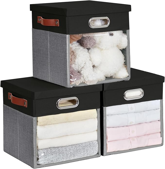 Fabric Storage Cubes with Clear Windows and Lids 11'' Foldable Storage Bins with 3 Handles, Decorative Storage Boxes for Home, Bedroom, Closet, Office (Black&Gray)