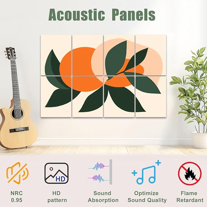 8 Pack Art Acoustic Panels Sound Absorbing Boho Botanical Leaf Orange Green