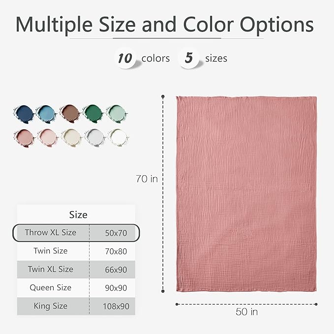 Carriediosa 100% Cotton Muslin Throw Blanket 50" X 70" Throw XL Size，4-Layers Summer Gauze Throws for Bed Couch，Soft Lightweight Breathable Linen Blankets Bedspread for Adults All Season，Mauve