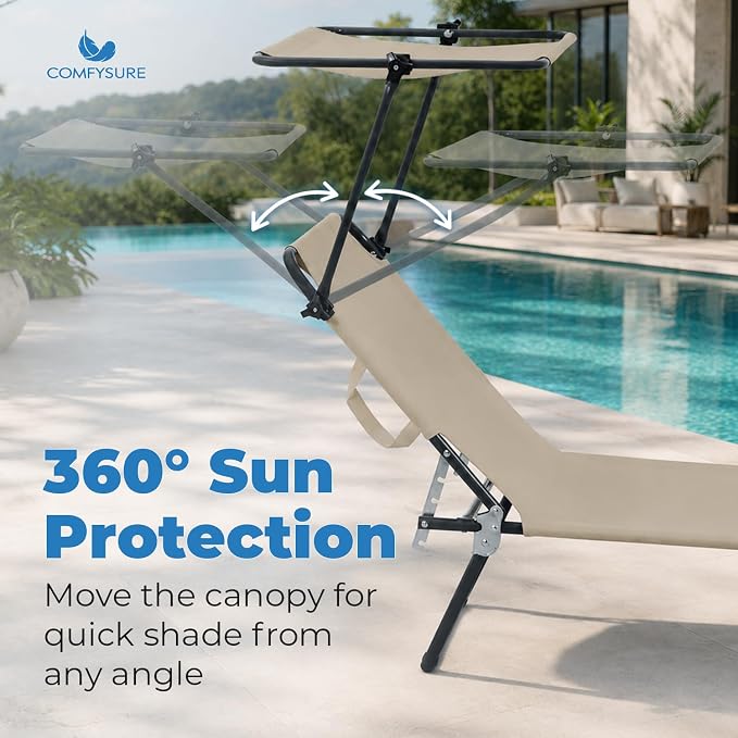 Folding Outdoor Lounge Chair with Canopy - Portable & Adjustable Beach Lounge Chair - 5-Positions, Carry Handles, 600D Fabric, 220 lbs Capacity – Tanning Chaise Lounge for Beach, Patio (1, Beige)