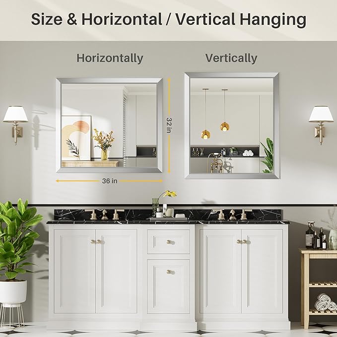 36x32 Inch Silver Bathroom Mirror for Wall, Thick Metal Framed Rectangle Mirrors for Over Sink, Bedroom, Living Room, Entryway, Anti-Rust, HD Tempered Glass