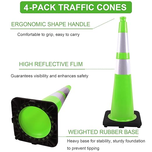 OrangeStar 36" Large Traffic Cones 4-Pack, Green Safety Cones with 2 Reflective Collars, Weighted Base for Highway, Roadwork, Construction, Warehouse Safety, Parking Lots, Indoor & Outdoor Use