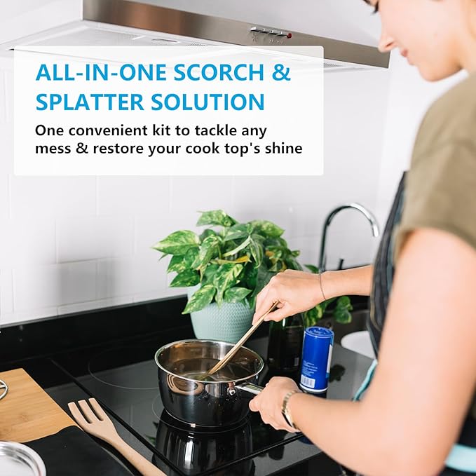 Cooktop and Stove Top Cleaner Kit, Glass Cooktop Cleaner Combo Kit with Razor, Scraper, Scrubbing Pad Removes Tough Stains, Stovetop Cleaner for Glass and Ceramic Surfaces,17OZ