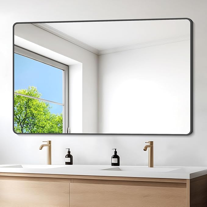 36" x 55"Bathroom Mirror, Matte Black Wall Mirror with Metal Frame, Decorative Rectangular Vanity Mirror for Bedroom Bathroom Living Room Entryway (Horizontal/Vertical)