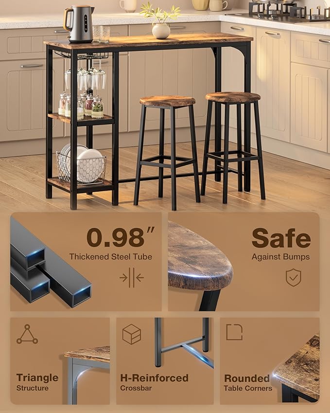 3-Piece Bar Table Set for 2, Table with Stools & 2 Storage Shelves, Small Bar Table Set with Glass Rack, Small Kitchen Table for Dining Room, Living Room, Rustic Brown