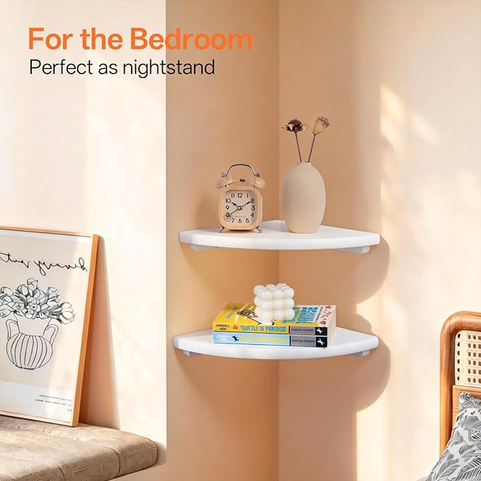Gieanoo Floating Corner Shelves Set 2 16inch White Solid Oak Rounded Corner