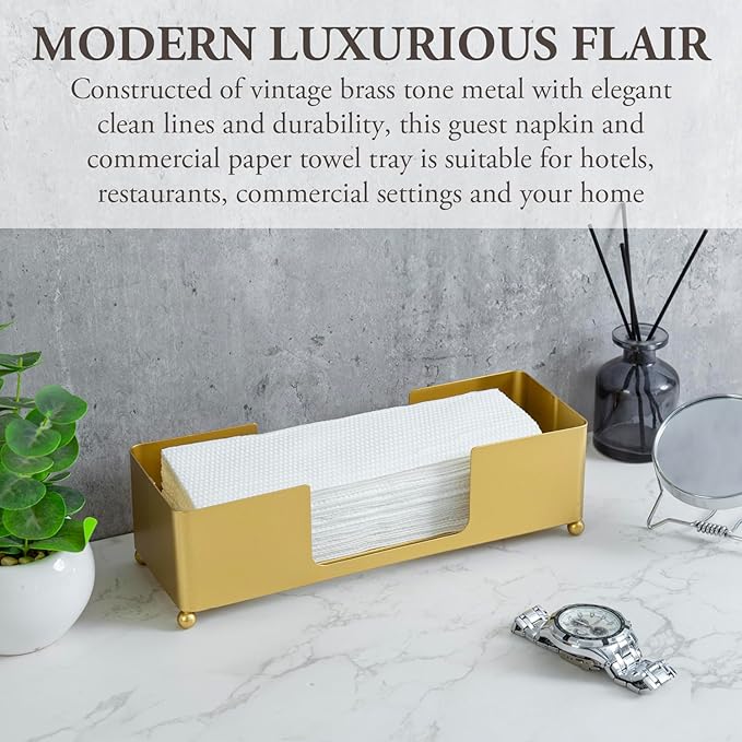 MyGift Modern Brass Tone Metal Tabletop Folded Hand Towel Holder, Commercial Countertop Tissue Dispenser Tray for Trifold, C-Fold and Z-Fold Towels, Set of 2