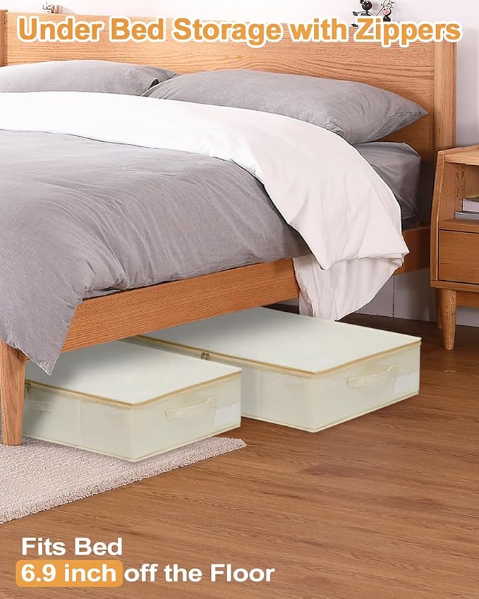 punemi Underbed Storage, 3 Pack Clothing Storage Bags W/Sturdy Handles, Large Capacity Underbed Shoe Container Organizer, Dorm Essentials Bins for Blankets, Pillows, Comforters & Quilts, Beige, 50L