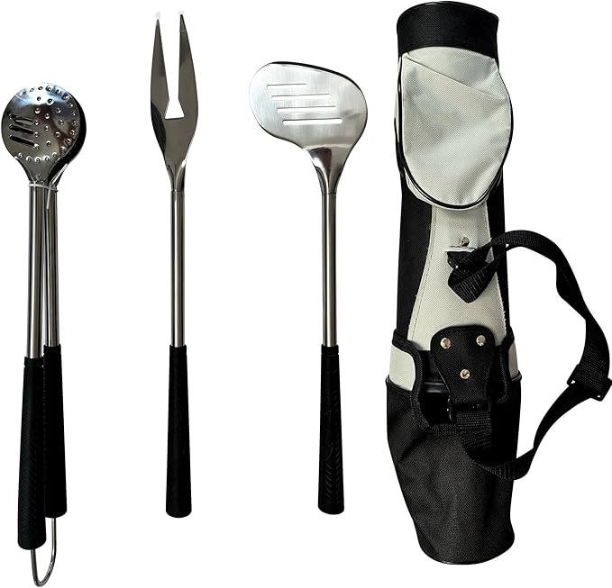 Outset Stainless Steel Golf Club Grill Tool Set, Includes Tool Golf Bag, Spatula, BBQ Fork, and Tongs