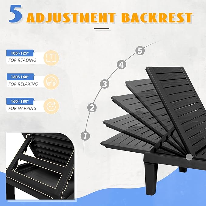 Outdoor Lounge Chairs Set of 4, 5-Position Adjustable Tanning Chairs with Wood Grain, All-Weather Resin Patio Recliners for Pool, Garden, Deck, Beach, Patio Lounge Chairs, Texture Black