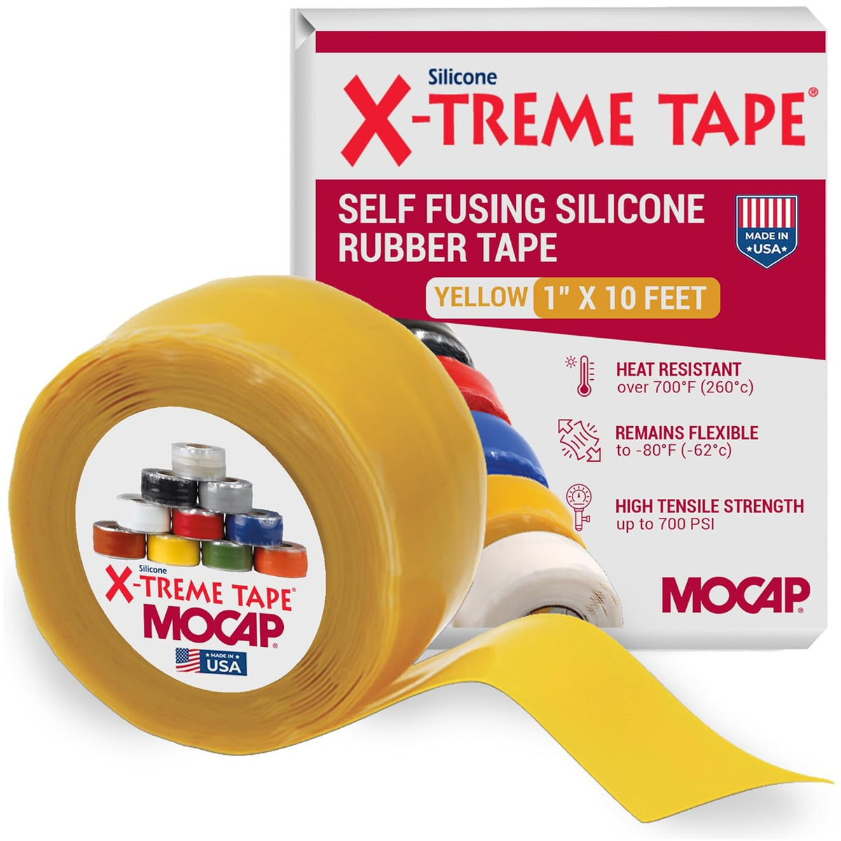 X-Treme Tape MOCAP Heavy Duty Electrical Tape, Self-Fusing Silicone Rubber, Waterproof & Insulating Flexible Tape, Electrical for Hose, Automotive, Outdoor & Repairs - 1" x 10ft Roll - Yellow