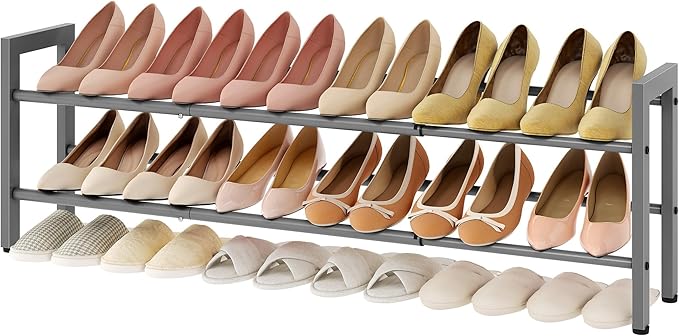 FAVOOSTY 2-Tier Expandable Shoe Rack, Adjustable Shoe Shelf Storage Organizer Space Saving Metal Free Standing Shoe Rack for Entryway Closet Doorway, Silver Grey