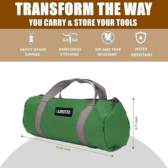 BLIRITEL 14 Inch Small Tool Bag for Men, Large Capacity Wide Mouth Canvas Storage Kit, Tote Handbag Organizer for Mechanic & Electrician Storage Wrenches (Green)