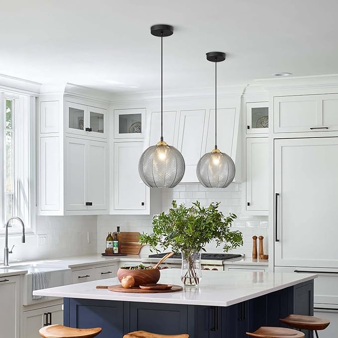 KCO Lighting Modern Smoke Gray Glass Pendant Light Kitchen Island Large Globe Farmhouse Pendant Lighting Adjustable Black Striped Glass Hanging Ceiling Lighting Fixtures Dining Room Lights