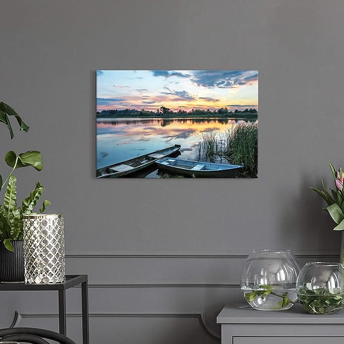 Lake Landscape Canvas Wall Art: Modern Relaxing Sunset Skyline Painting Simple Natural Boat Reed Print Wilderness Clear Calming Water Scenery Picture Green Forest View Gallery Artwork for Bedroom