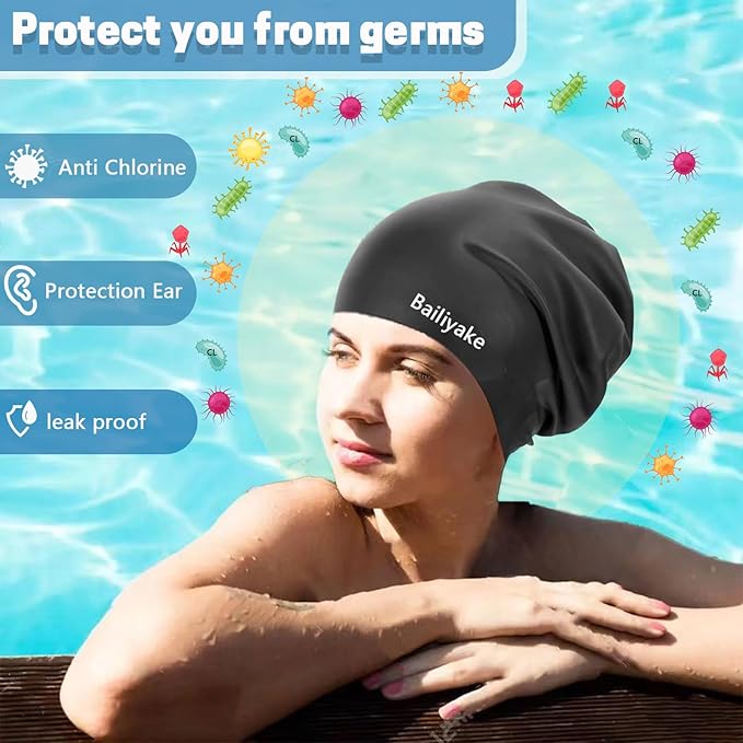 3 Pack Extra Large Swim Cap for Braids & Dreadlocks - Waterproof Silicone Swim Hat for Women with Long Thick Hair, Protective Swim Cap Cover Ears for Swimming, Shower, Bathing