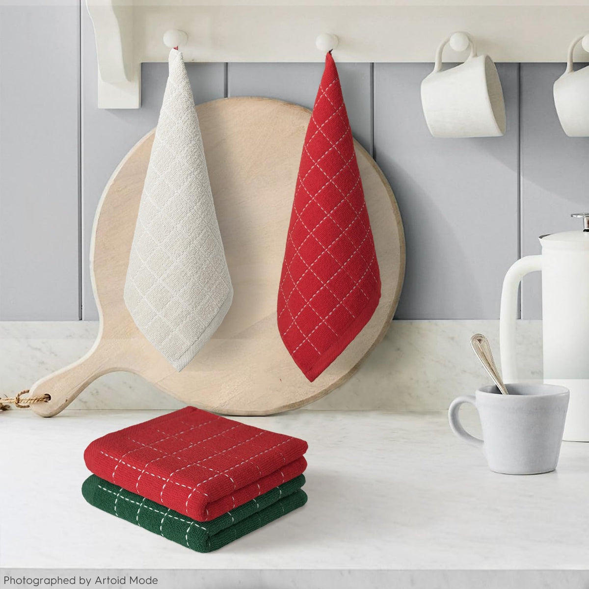 Artoid Mode Checkered Designed Cotton Terry Kitchen Dish Cloths, 12x12 Inch Soft Absorbent Quick Drying Cleaning Kitchen Rags Set of 6，Multicolor