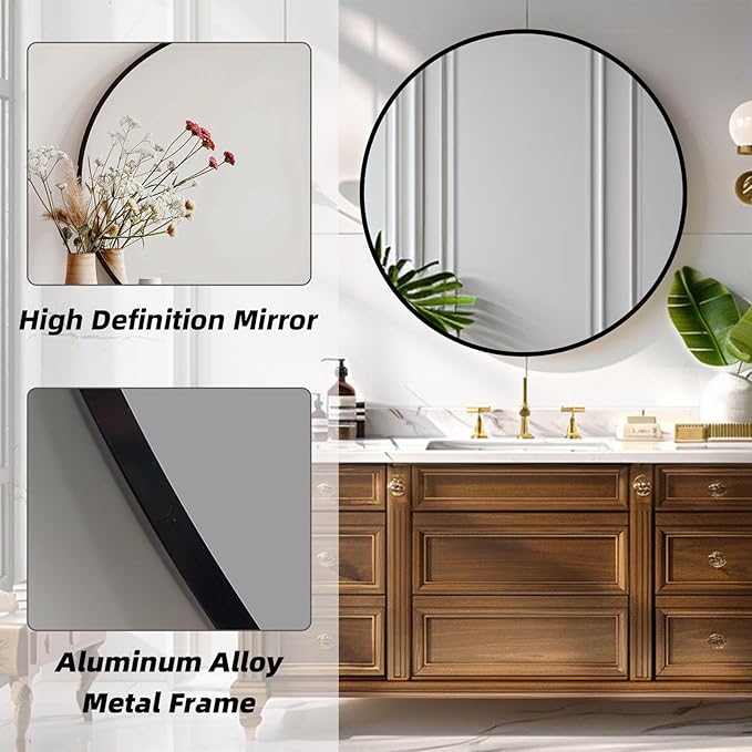 Black Round Mirror, 28 Inch Black Circle Mirror, Metal Frame Round Wall Mounted