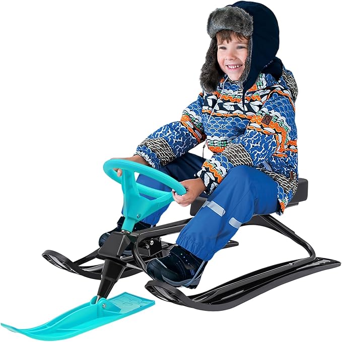 Sleds for Snow, Portable Snow Racer Winter Ski Sled Snow Sled W/Steering Wheel, Outdoor Ski Sled Slider Board for 3-15 Years Kids, Toboggan Pulling Boat Seat Sled for Ice Skating