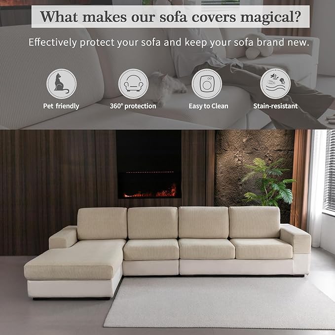 OHSIO Sectional Couch Covers, Wear Resistant Stretch Sofa Covers Washable Soft Couch Cushion Covers Anti Slip Furniture Protector Sofa Slipcovers for Pets (3 Pieces 3 Seaters Cover, Light Brown)