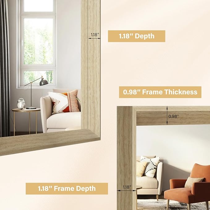 Oak Wood Effect Framed Wall Mirror, 24x32 Rectangle Mirror, 1/8"