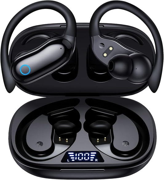 GNMN Active Noise Cancelling Ear Buds Wireless Earbuds 96hrs Playback Bluetooth Headphones IPX7 Waterproof Stereo Bass Over-Ear Earphones with Earhooks Microphone LED Battery Display for Sports/Gym