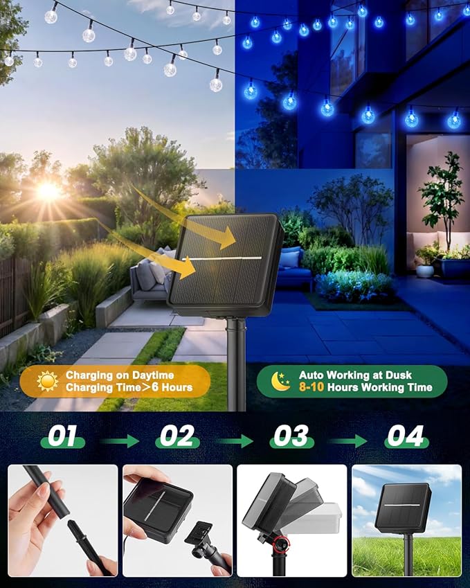 Solar String Lights Outdoor Waterproof, 2 Pack 60 LED 36.5 FT Each, 8 Lighting Modes Solar Powered Patio Lights for Garden Yard Porch Wedding Party Decor (Blue)