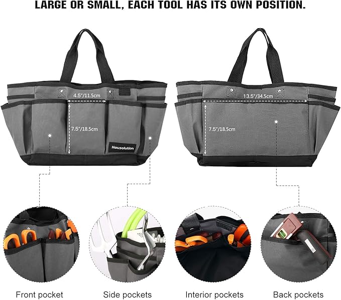 Housolution Gardening Tote Bag, Deluxe Garden Tool Storage Bag and Home Organizer with Pockets, Wear-Resistant & Reusable, 14 Inch, Gray + Black