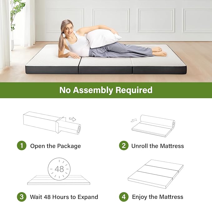 Folding Mattress 4in Twin Memory Foam Tri-Folding Mattress with Washable Cover Foldable Floor Mat for Guest Bed, Camping, Yoga, RV Travel, White (Size: 38" L x 75" W x 4" Th)