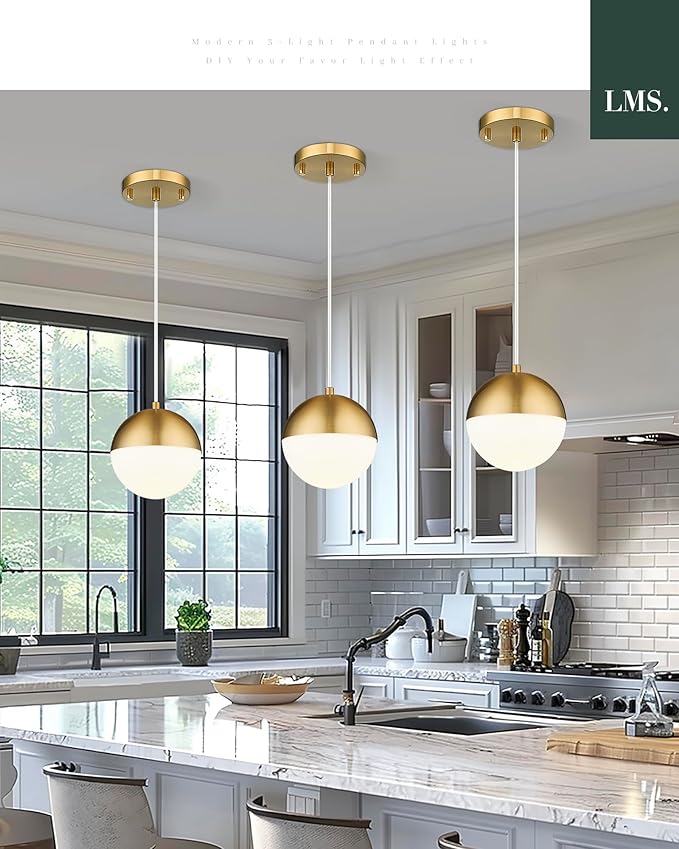 LMS Mid Century Pendant Lights, Brushed Gold Kitchen Island Light Fixtures with White Globe Glass Shade, Adjustable Hanging Cord, 2-Pack for Home Office Dining Room Bathroom, LMS-186PL-BGWS2PK