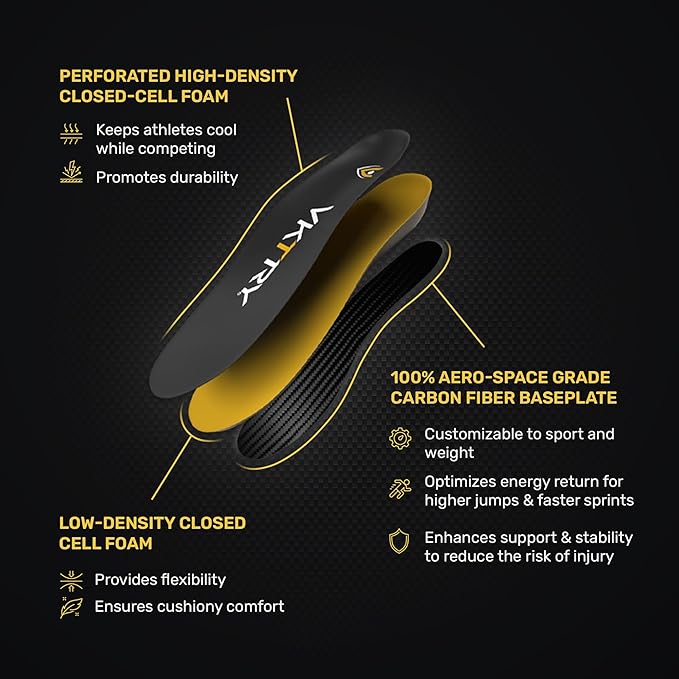 VKTRY Gold for Non-Cleated Shoes - Carbon Fiber Performance Insoles - Customized Athletic Inserts for Sports Basketball Volleyball Running & More | Shock Absorption US M5.5-6, W7.5-8, 121-170lbs
