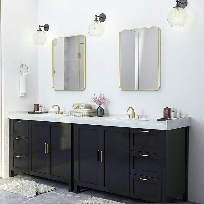 Gold Framed Bathroom Mirror, Brushed Gold Bathroom Vanity Wall Mirror, Rounded
