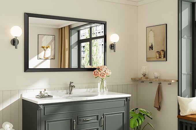 50x30 Inch Black Bathroom Mirror for Wall, Thick Metal Framed Rectangle Mirrors for Over Sink, Bedroom, Living Room, Entryway, Anti-Rust, HD Tempered Glass