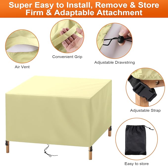 Patio Furniture Cover Rectangle 56"(L) x 44"(W) x 28"(H), Custom Heavy Duty 420D Waterproof Outdoor Cover with Drawstring & Buckles for Table Chair Garden, Cream