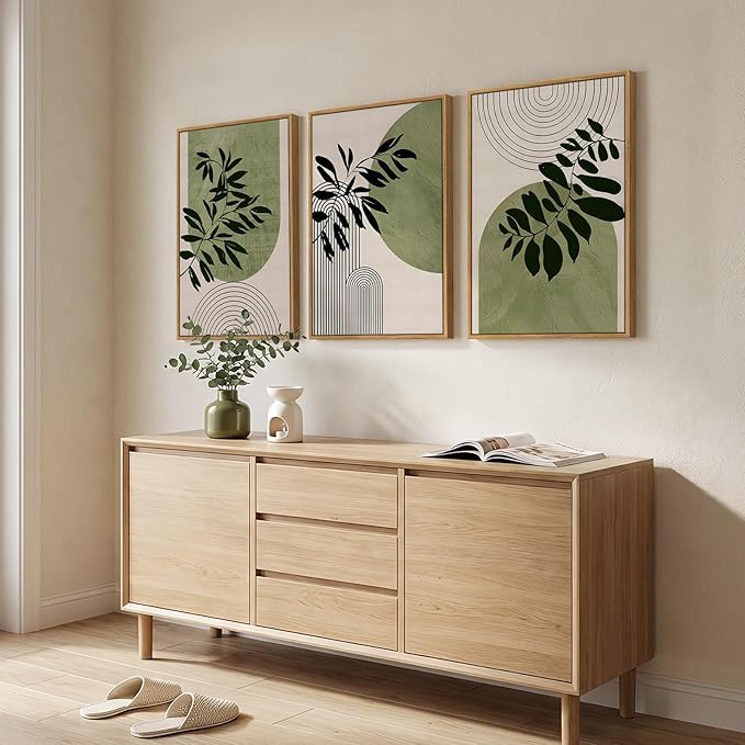 Framed Boho Botanical Wall Art for Living Room, 3 Piece Modern Green Bohemian