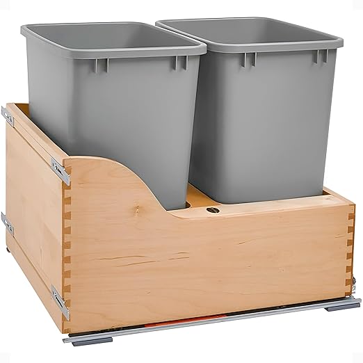Rev-A-Shelf Pullout Trash Cans for Kitchen Cabinet, Dual 35 Qt Bins with 18" Wood Frame - Large Garbage Bin Containers for Home Waste Storage and Recycling