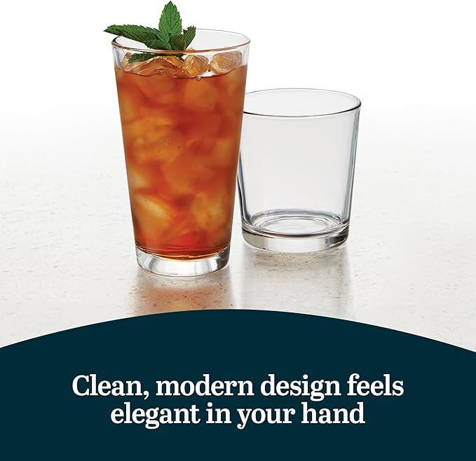 Libbey Flare Tumbler and Rocks Glasses Set, Stylish Lead-Free Drinking Glasses Set of 16, Versatile Dishwasher Safe Kitchen Glassware Set for Parties