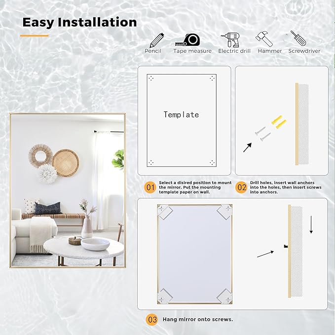 24x36 Inch Brass Bathroom Mirror for Wall, Aluminum Frame Rectangle Rectangular Vanity Mirror, Modern Large for Bedroom, Living Room, Horizontal or Vertical