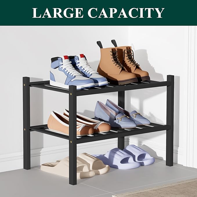 Smiry Bamboo Shoe Rack for Closet, 2 Tier Small Wooden Stackable Shoe Organizer, Free Standing Shoes Storage Shelf for Entryway, Front Door Entrance, Black