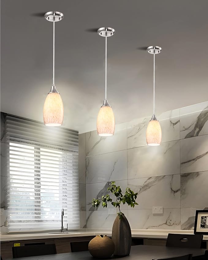 Mini Milk Glass Pendant Light,Handcrafted Beige Glass Pendant Hanging Light fixtures Small Pendant Light with Brushed Nickel Adjustable Cord for Kitchen Island,Bed Room,Hallway,Dining Room,Stairs